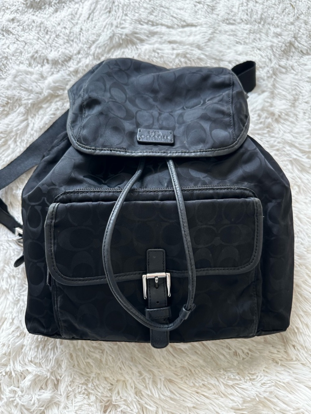 Coach Signature Black Nylon Backpack Drawstring Flap Travel School F32970